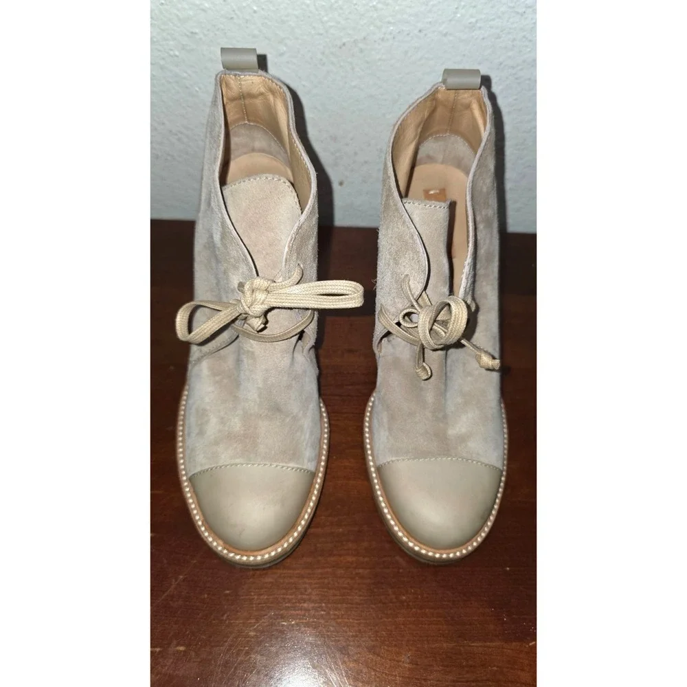 Reed‎ Krakoff Suede Lace Up Ankle Boots Womens 39 Beige Tan Cap Toe Block Heel